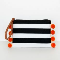 Caroline Gardner Striped Clutch Bag with Pom Poms